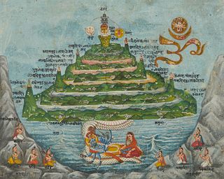 Mughal Mini Painting Mt. Meru w/ Vishnu & Lakshmi