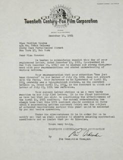 MARILYN MONROE 20TH CENTURY FOX CONTRACT DISPUTE LETTER