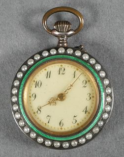 FRENCH GUILLOCHE SEED PEARL PENDANT WATCH