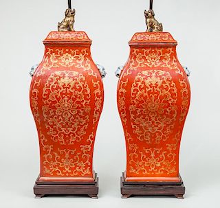 Pair of Modern Chinese Orange-Ground Porcelain Angular Baluster-Form Vases and Covers, Mounted as Lamps