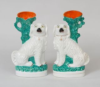 Pair of Staffordshire Porcelain Spaniel-Form Spill Vases