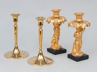Pair of Brass Trumpet-Form Candlesticks and a Pair of Louis XVI Style Ormolu Candlesticks