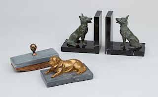 French Marble and Gilt-Metal Blotter and Figure of a Bulldog, and a Pair of Bookends with Hounds