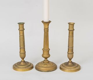 Pair of Empire Style Brass Candlesticks and an Empire Gilt-Metal Candlestick Lamp