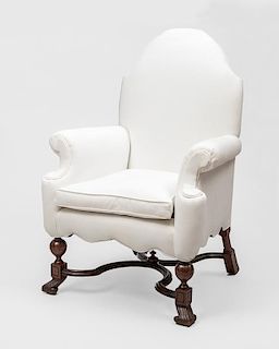 William & Mary Style Carved Mahogany and White Twill Upholstered Armchair