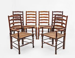 Set of Six English Provincial Stained Oak and Rush Ladder Back Chairs