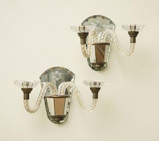 Pair of Mirror-Plate and Glass Two-Light Wall Sconces