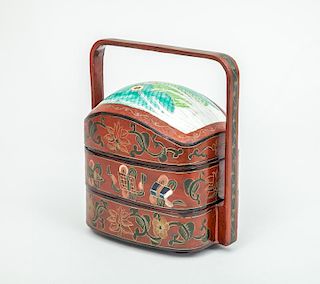 Modern Japanese Maroon Lacquer Stackable Picnic Box with Handle