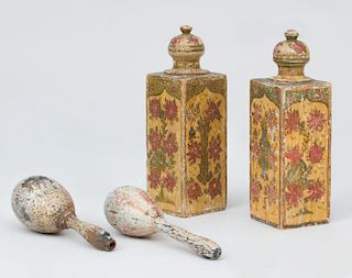Pair of Painted Wood Bottle-Form Table Articles, Pair of Wood Sock Darners, a Miniature Mahogany Longcase Clock, and a Hand-P
