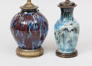 Two Flambé-Glazed Stoneware Vases, Mounted as Lamps