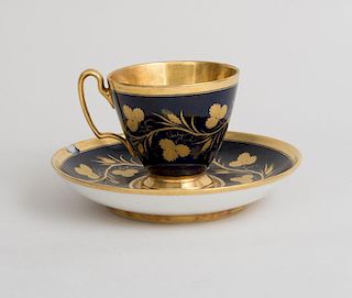 French Porcelain Cobalt-Glazed Teacup and Saucer