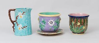 Two Majolica Porcelain Jardinières and a Turquoise Porcelain Pitcher
