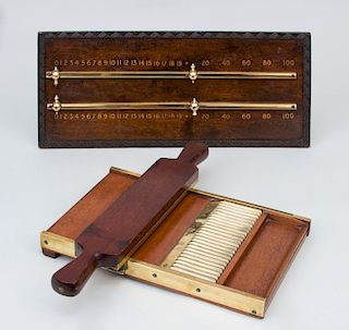 Wooden Apothecary Pill Maker, an English Wood Score Board, and a Painted Tôle Document Box