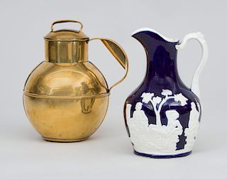 Brass Milk Jug and a Blue and White Pitcher