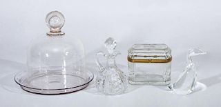 Glass Cheese Dome with Underplate, a Steuben Duck-Form Glass Figure, a Glass Lidded Box, and a Glass Cruet