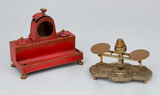 Tôle Peinte Inkwell, a Brass Scale, a Bronze Encrier with Quill Slots, and a English Postal Scale