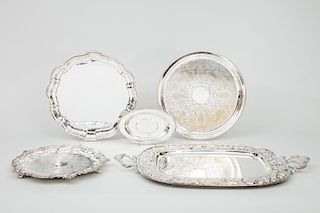 Silver-Plated Two-Handled Tray, Two Circular Trays, and an Oval Stand