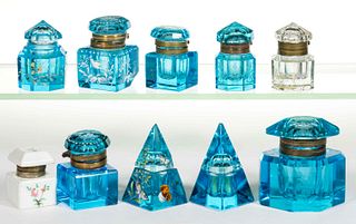 ASSORTED PRESSED / CUT AND ENAMEL DECORATED OR ENGRAVED VICTORIAN GLASS INKWELLS, LOT OF NINE