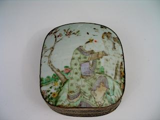 Chinese metal box with famille rose porcelain top
