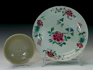 Chinese famille rose porcelain plate and celadon dish