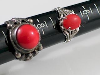 Two Chinese Sterling and Red Coral Rings