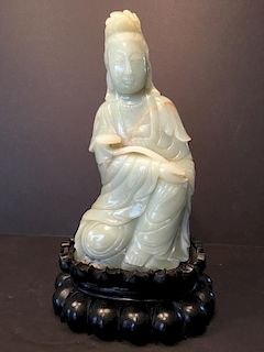 ANTIQUE Large Chinese Celadon White Jade Guanyin seating on a wood stand, Qing Dynasty. 12" x 6" wide