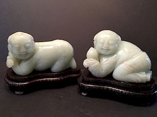 ANTIQUE Chinese Large Pair of White Jade Boys, late 19th Century. 6"Long  x 4 1/4" H, very large and heavy