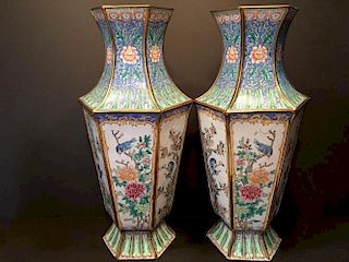ANTIQUE Huge Pair Chinese Brass Enamel Vases, late 19th Century. 18 1/2" high. Excellent enamels and decorations. Lareg and v