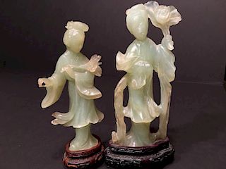 ANTIQUE Chinese Pair Celadon Jade Guanyin, figure itself is 6" & 7" high, late 19th century