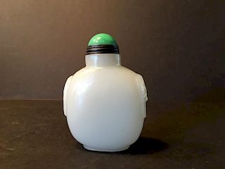 ANTIQUE Large Chinese White Jade Snuff Bottle, Green Jade (Feicui) cap, 3 1/2" H x 2 1/2" wide