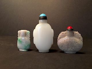 ANTIQUE White And green Jade Snuff Bottles, 2", 2 1/2" and 3 1/2" high