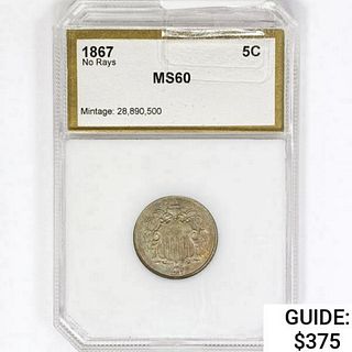 1867 Shield Nickel PCI MS60 No Rays