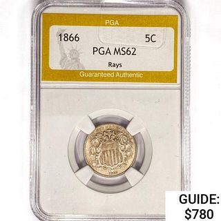 1866 Shield Nickel PGA MS62 Rays