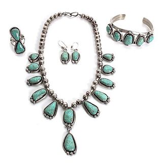 A Navajo Silver and Turquoise Four Piece Set Length of necklace 14 inches.