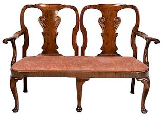 George II Carved Walnut Upholstered Double Chairback Settee