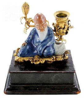 Louis XVI Style Ormolu And Chinese Earthenware Candlestick