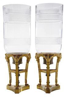 Pair Empire Style Gilt-Bronze and Cut Glass Candleholders