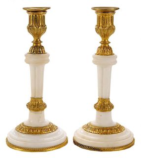 Pair Louis XVI Style Ormolu Mounted White Marble Candlesticks