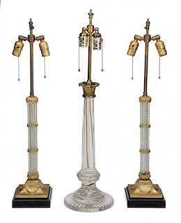 Group of Three Glass and Brass Table Lamps