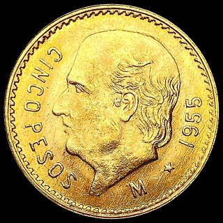 1955 Mexico .1206oz Gold 5 Pesos CHOICE BU