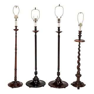 Group of Four Mahogany and Walnut Floor Lamps