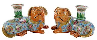 Pair of Chinese Export Porcelain Fu Dog Candlesticks