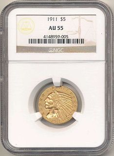 1911 Gold $5 Indian Head NGC AU55