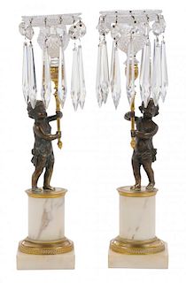 Pair Regency Style Cut Glass Mounted Gilt Bronze Candlesticks