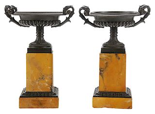 Pair Neoclassical Green Patinated Bronze and Sienna Marble Tazza