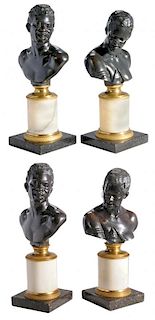 Two Pairs Patinated Bronze Busts of Nubians on Marble Plinths