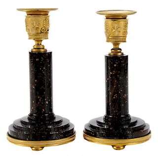Pair Empire Gilt Bronze And Porphyry Candlesticks