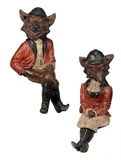 Large Pair Seated Fox Figures in Riding Attire