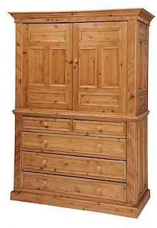 Paneled Country Pine Cabinet Over Drawers