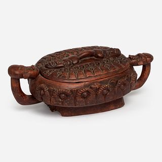 Large Carved African Bowl with Handles and Cover